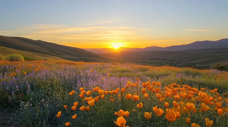 Golden Poppies Bloom at Sunset Over Rolling Hills
